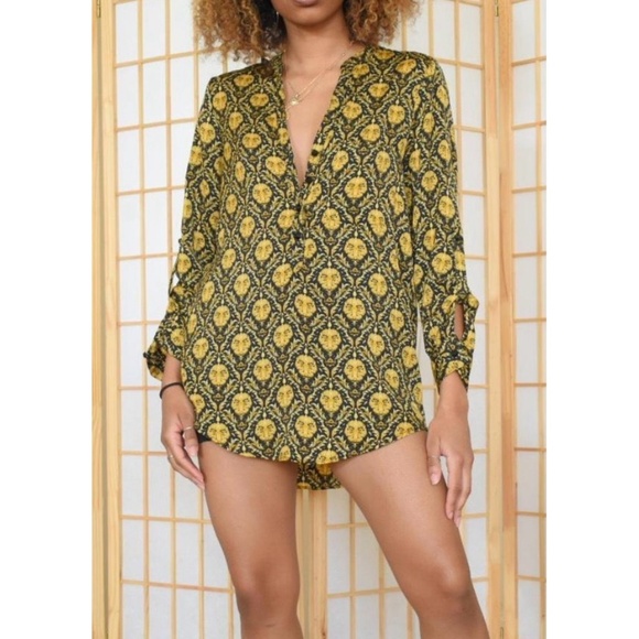 ZARA | Designer Inspo Printed Retro Pattern Button Up Henley Long Sleeve Blouse - Picture 2 of 16